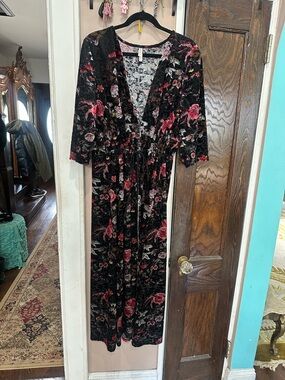 Xhilaration Black Velvet Maxi Cardigan with Pink Floral Accents